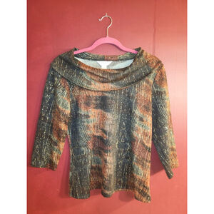Women's Christopher & Banks Petite Cowl Neck Top PL Black Brown Gold